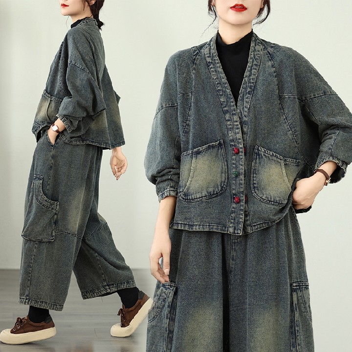 初回送料無料　デニム上下2点セット　レディースファッション人気　カジュアル　ゆったり