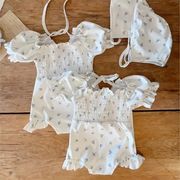 2025夏新作 ベビー女の子小花柄シャーリングフリル帽子付き連体水着