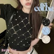 サマーニット トップス 半袖 ビジュー きれいめ ショート丈 春 レディース 韓国ファッション オフ
