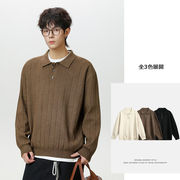 メンズ 秋冬新作 リブ編み ポロニット セーター 上品カジュアル 長袖トップス プルオーバー★全3色