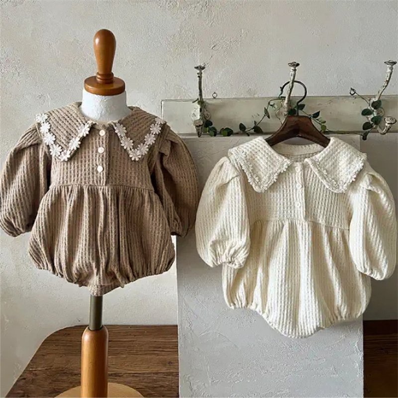 ins 春新作　ベビー服　女の子　ワッフル　ロンパース　可愛い　おしゃれ　柔らか　子供服　レース花柄