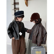 全2色[80-140cm] キッズ 秋新作 ヴィンテージ風 フェイクレザージャケット 男女兼用 バイカー風 アウター