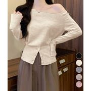 【日本倉庫即納】 ワンショルダーニットトップス裾ボタン秋服
