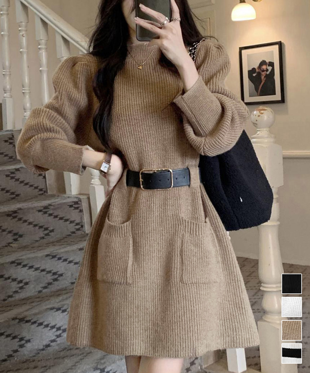 【日本倉庫即納】 ベルト付きニットワンピースウエストマーク