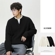 メンズ 秋冬 ヴィンテージ風 ヘンリーネック ニットセーター 厚手 保温 ジャカード調プルオーバー★全2色