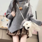 グレー ハイネック ケープ風トップス 変形デザイン ルーズシルエット ニット