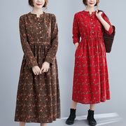 ワンピース レディース ロングワンピース 花柄 長袖ワンピ 体型カバー 綿麻 大きいサイズ