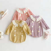 2025秋新作　ベビー服　ラッフルカラー　ニット　ロンパース　子供服　女の子　お花付き　セーター　可愛い