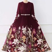 初回送料無料　プリーツプリントシルエット長袖ワンピース　レディースファッション人気トレンド