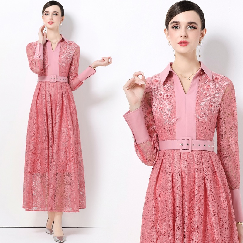 オシャレフレンチシャツネックロング大きい裾レールワンピースレディース