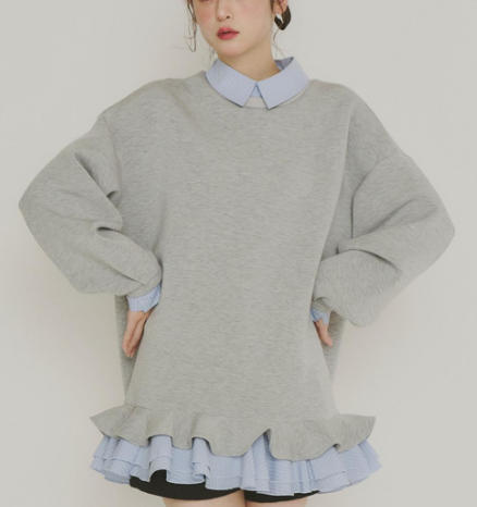 2025秋新作 韓国風  パッチワークケーキレイヤー風 気質 おしゃれ フェイク二枚組みスウェット人気  ins3色