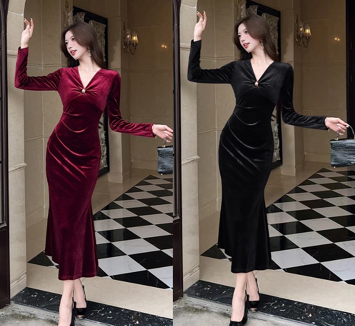 全2色 長袖ワンピース フリル 切り替え スリム 着痩せ シンプル