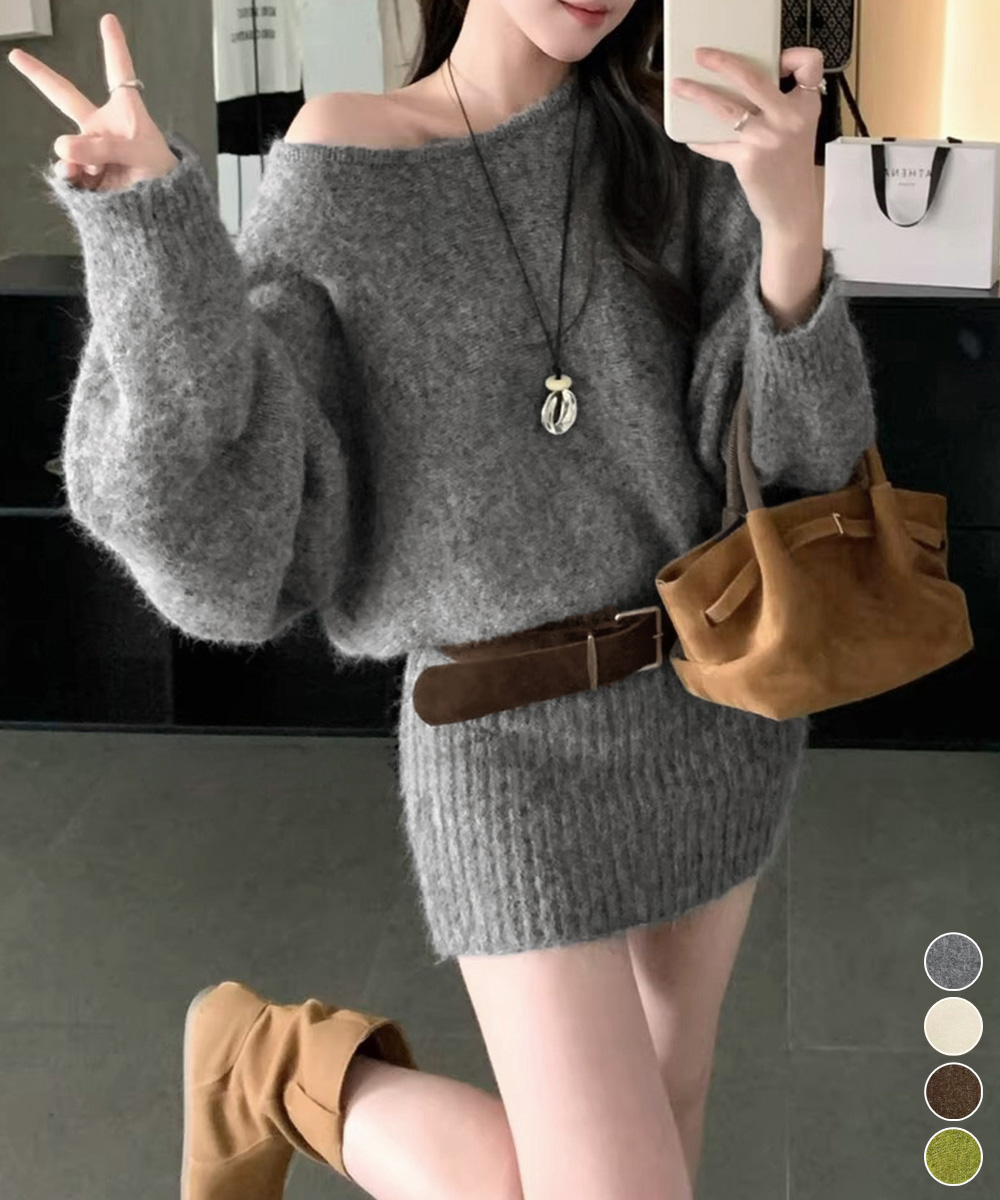 【日本倉庫即納】 ミニニットワンピースウエストマーク韓国風