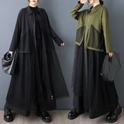 初回送料無料　シャツ風ワンピース　長袖プリントステッチメッシュ　コート風ワンピース　人気商品