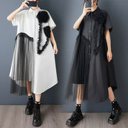 初回送料無料　半袖シャツ風ワンピース　半袖プリントステッチメッシュ　レーディスファション商品