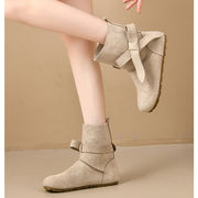 ショートブーツ スエード調 リボン付き フラットソール ぺたんこ カジュアル ガーリー 歩きやすい