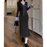 【日本倉庫即納】 配色リボンニットマーメイドワンピース長袖