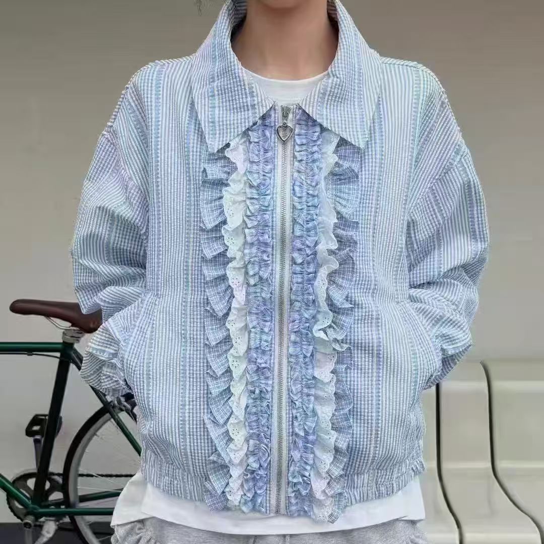 チェックフリルブルゾン　ジャケット　レディース　デザイン　韓国ファッション