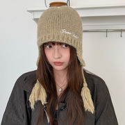 ニット小顔帽 　フリンジ   イヤーマフニット帽　韓国ファッション