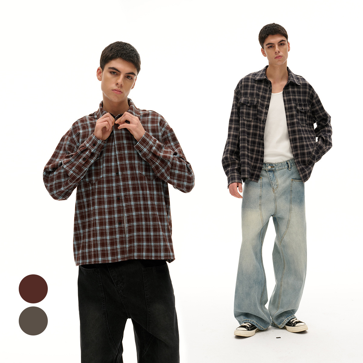 メンズ チェック柄 長袖 シャツ 男女兼用 ストリート系 トップス  春秋 2026新作★全2色