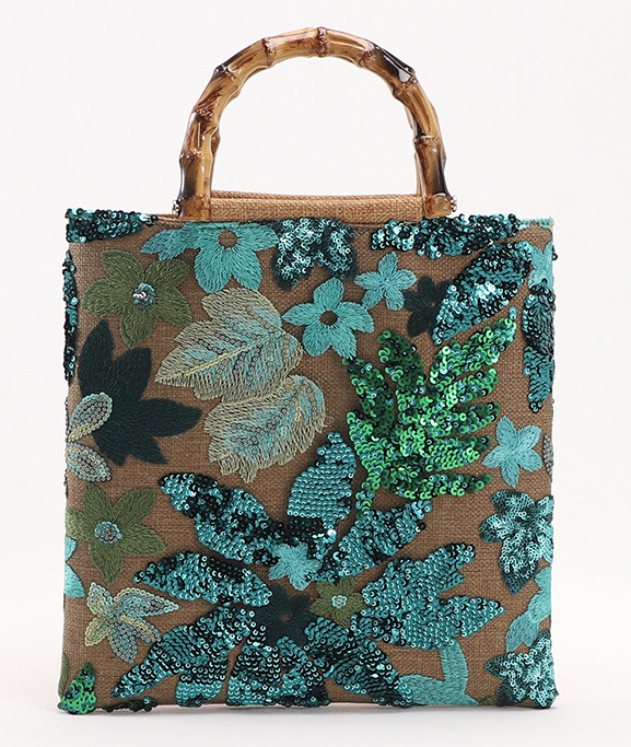 レーディス ランダムパターンスパンコール刺繍花柄ステッチリネンバンブートートバッグ 全2色　ba0614