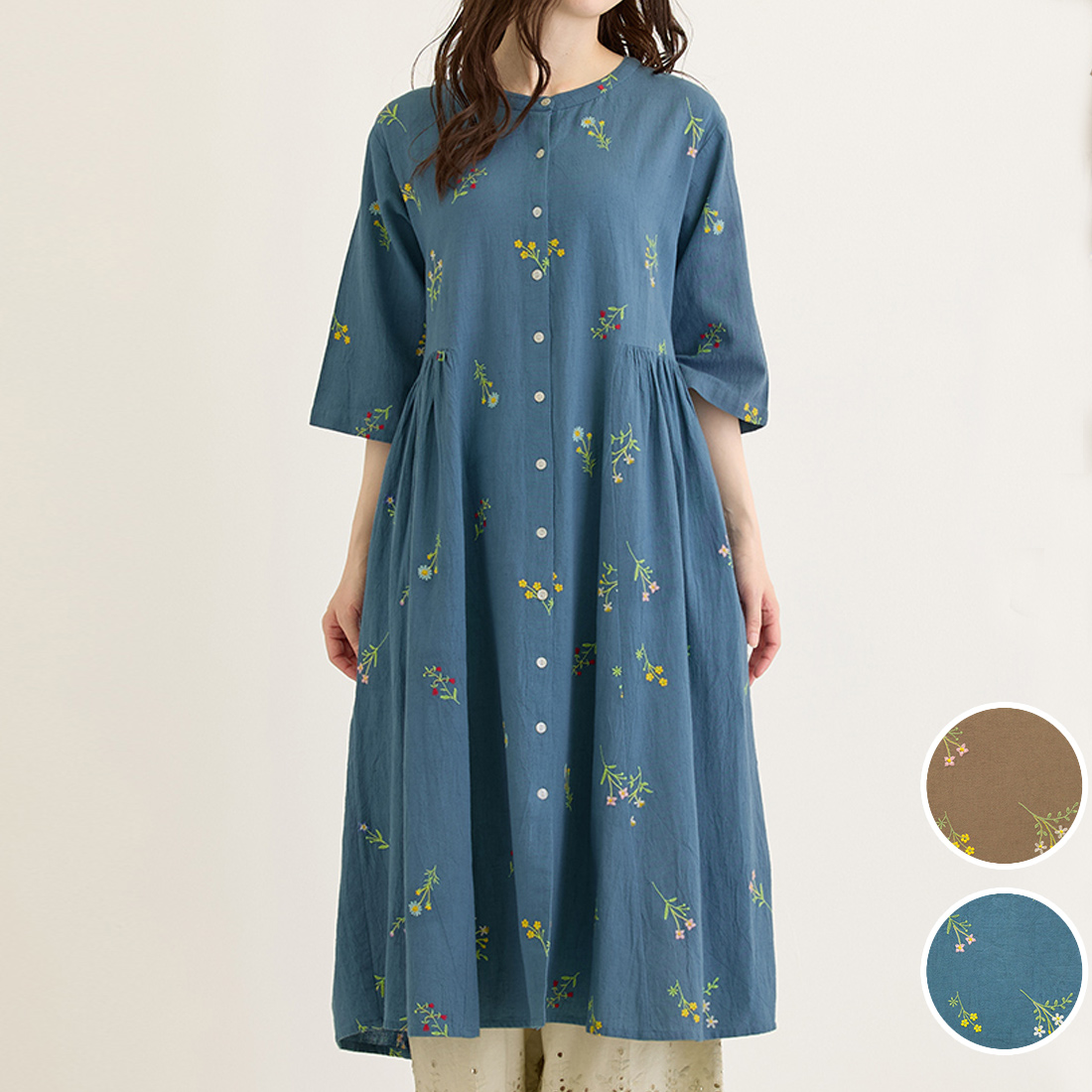 【PORINA】ワンピース プリマベーラ[5分袖小花刺しゅう刺繍ボタニカルフローラルナチュラル春夏26SS]