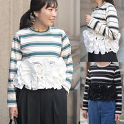 2026年春新作 トップス レディース ストライプ柄 シャツ tシャツ 長袖 丸首 異素材 シンプル
