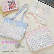 韓国風 レース切り替え リボン付き カジュアル  ドット柄バッグ フリル バッグ トートバッグ