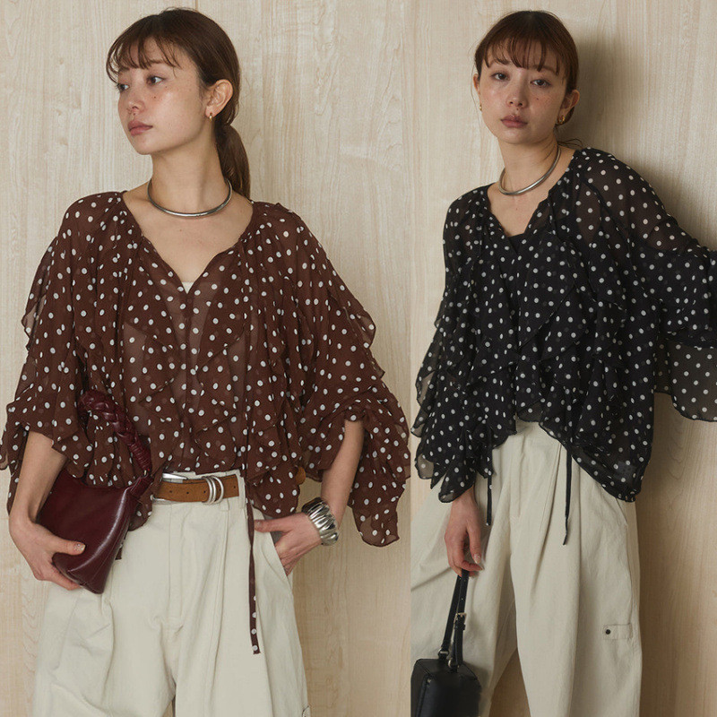 ブラウス シャツ シフォンシャツ レディース ドット柄 長袖シャツ 着回しやすい