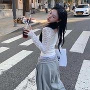 今季マストバイ フレンチ Vネック レース 長袖フィットトップス