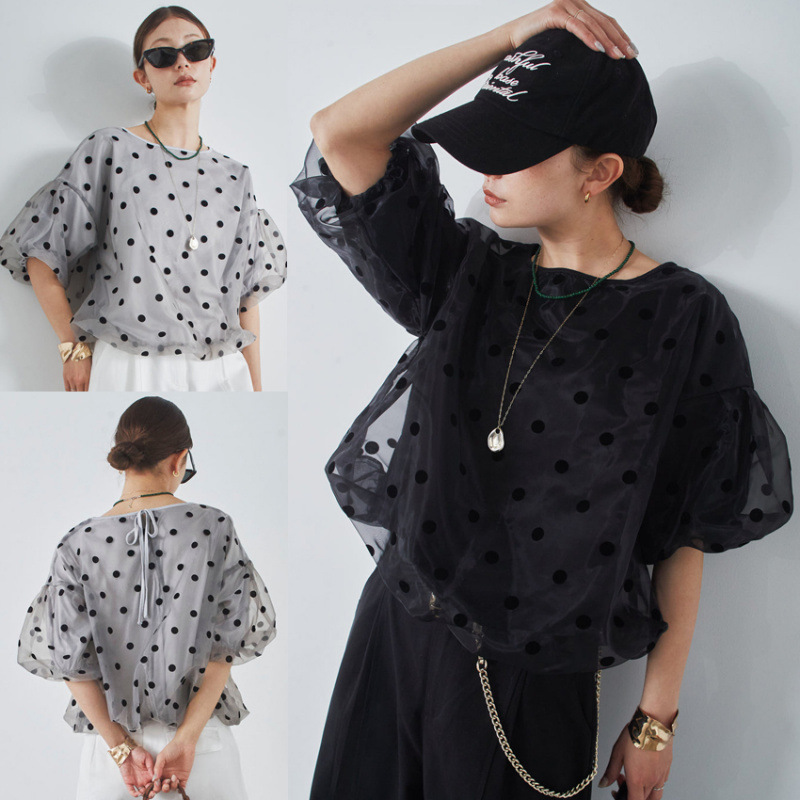 Tシャツ レディース 半袖 ラウンドネック tシャツ メッシュ ドット柄 ハブスリープ