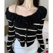 【日本倉庫即納】 フリルニットトップス オフショルダー秋服