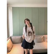 レース リボンプリント半袖トップス ゆったり レディース