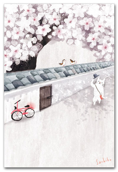 ポストカード　桜と白壁