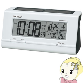 セイコークロック 目覚まし時計 ハイブリッドソーラー 電波 デジタル カレンダー・温度表示 白パール S