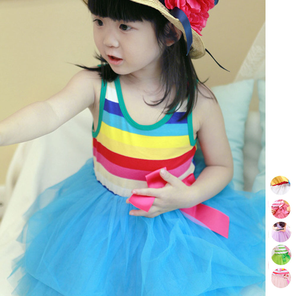 【日本倉庫即納】 子供服女の子ボーダーワンピースチュールワンピ 6colors