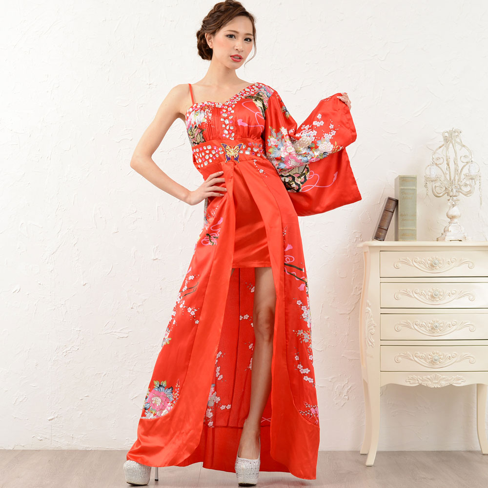 【SALE】1054豪華ビジューサテン和柄ワンショルロング着物ドレス 和柄 花魁 コスプレ キャバドレス
