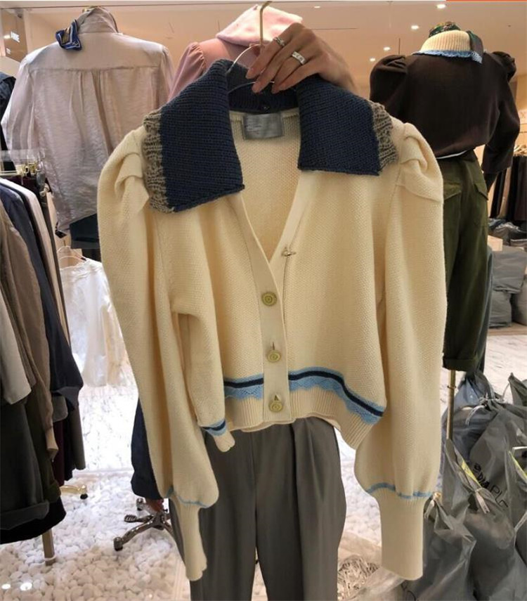 カラーマッチング ファッション ラペル カジュアル 女性 長袖 編み物 百掛け セーター カーディガン