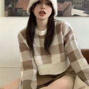 ニットトップス　セーター　デザイン　ゆるやか　チェック柄　韓国風　レディースファッション