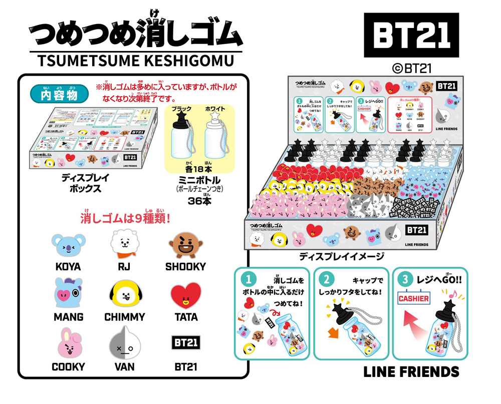 BT21つめつめ消しゴム（ボトル36本入） 株式会社 トコトコ 問屋