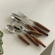 スプーン 食器 4点セット 家庭用 子供 木柄 304ステンレス鋼 ナイフとフォーク