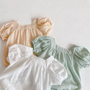 「66-90号」全3色 女の子 刺繍入り 半袖ロンパース パフスリーブ オールインワン ベビー キッズ 子供服