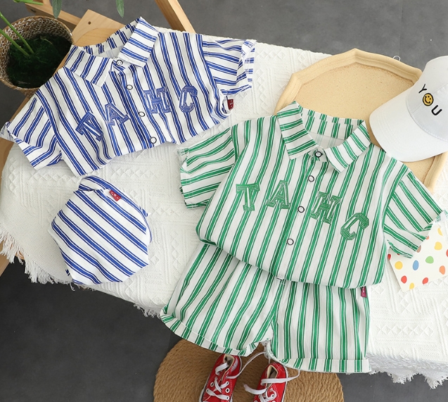 新作  子供服  半袖 韓国風子供服 ストライプ シャツ パンツ  2点セット  キッズ服    男女兼用2色