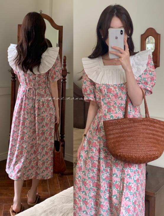 韓国風 レトロ ワンピース 満開花柄   夏ファッション ロングドレス 半袖 大人
