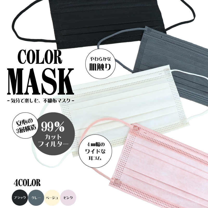 【HIRO】 高機能99％カット カラー不織布マスク　50枚入（ピンク/ベージュ/グレー/ブラック)