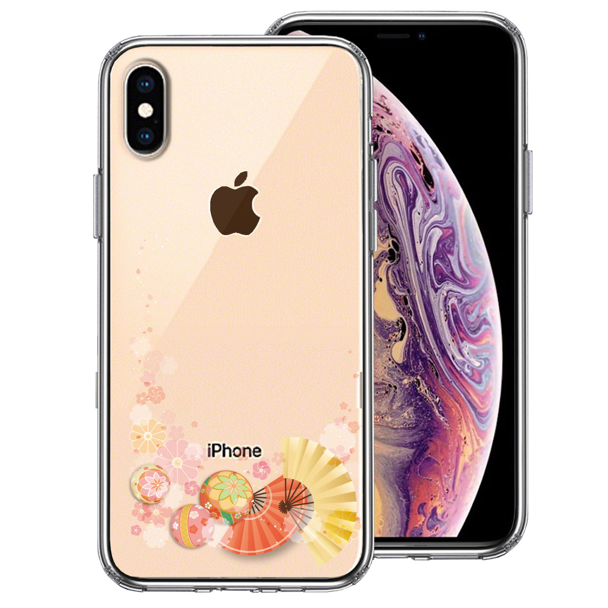 iPhoneX iPhoneXS 側面ソフト 背面ハード ハイブリッド クリア ケース 和柄 扇 毬 花柄