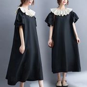 新しい  韓国ファッション レディース 大きいサイズ 百掛け  ミディアム丈  大きな襟 ワンピース  ブラック