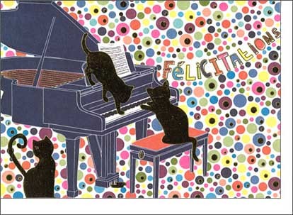 グリーティングカード 多目的「三匹の猫とグランドピアノ/お慶び」ねこ ネコ
