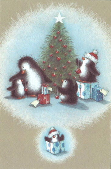 ミニカード クリスマス「ツリーを飾り付けるペンギンたち」メッセージカード