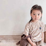 2022年韓国の子供服、夏の子供用ストライプクマ刺&#32353;柄半袖、女の子と男の子のためのTシャツ